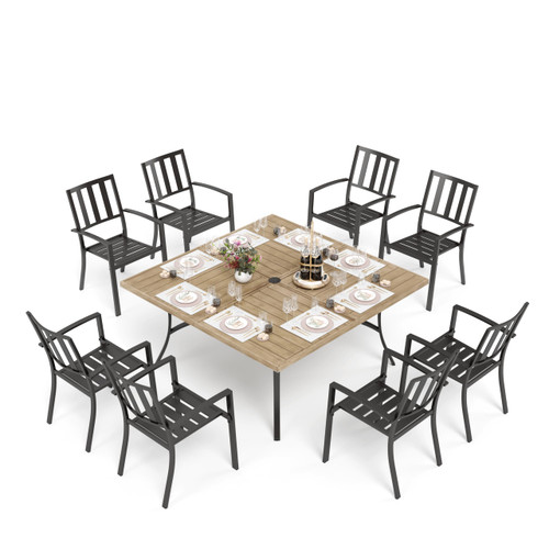 9 Pieces Outdoor Dining Set for 8, 60” Wood-Like Large Square Metal Steel Dining Table & Stackable Iron Chairs, Dining Furniture Set for Patio, Deck, Yard, Porch