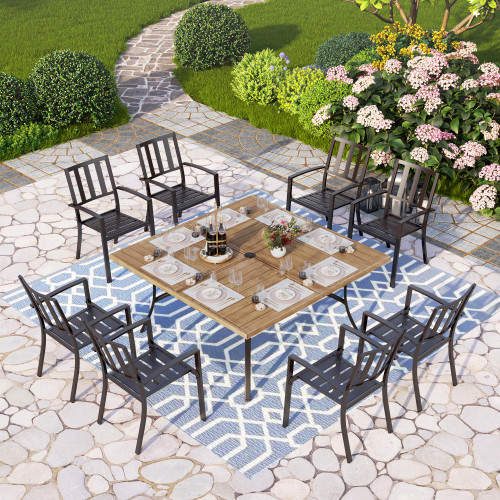9 Pieces Outdoor Dining Set for 8, 60” Wood-Like Large Square Metal Steel Dining Table & Stackable Iron Chairs, Dining Furniture Set for Patio, Deck, Yard, Porch
