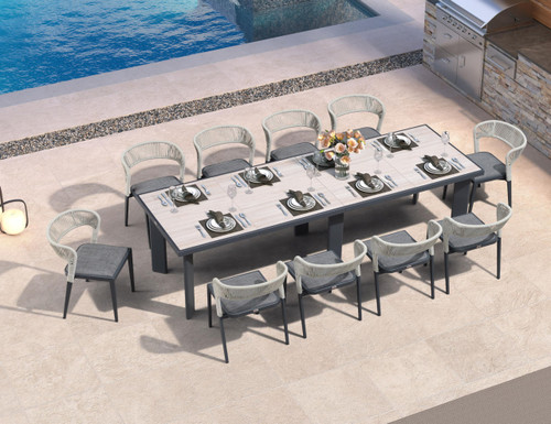 11 Pieces Outdoor Dining Set Patio Table and Chairs Set Aluminum Wicker Rattan Patio Furniture Set for Lawn Garden Porch Beige Marble Color Outdoor Set