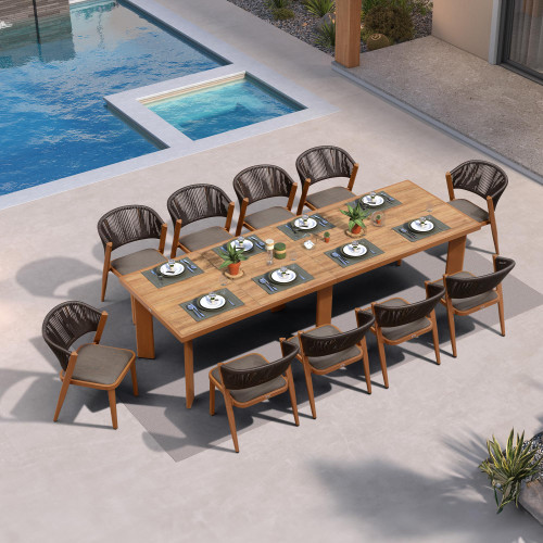 11-Piece Patio Dining Set Outdoor Furniture Rectangular Table and Chairs Set with Aluminum Frame and Teak-Finish for Garden Deck Backyard Kitchen Deep Teak Outdoor Set