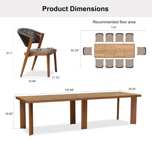 11-Piece Patio Dining Set Outdoor Furniture Rectangular Table and Chairs Set with Aluminum Frame and Teak-Finish for Garden Deck Backyard Kitchen Deep Teak Outdoor Set