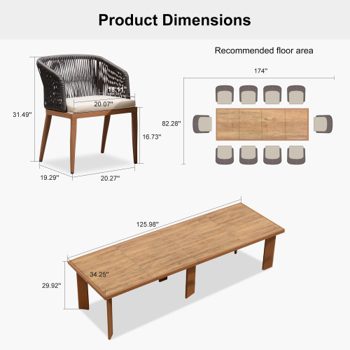 11 Pieces Large Outdoor Dining Set Patio Table and Chairs Set Aluminum Wicker Rattan Patio Furniture Set for Lawn Garden Backyard Brown