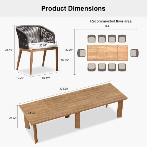 11 Pieces Outdoor Dining Set Patio Table and Chairs Set Aluminum Wicker Rattan Patio Furniture Set for Lawn Garden Backyard Teak