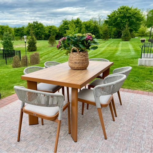 Patio Dining Set for 6 Furniture Set Aluminum Rattan Wicker Patio Table and Chairs Set for Lawn Backyard Deep Teak