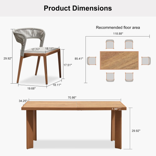 Patio Dining Set for 6 Furniture Set Aluminum Rattan Wicker Patio Table and Chairs Set for Lawn Backyard Deep Teak