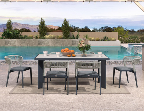 7 Pieces Outdoor Dining Set Patio Table and Chairs Set Aluminum Wicker Rattan Patio Furniture Set for Lawn Garden Porch Beige Marble Color Outdoor Set