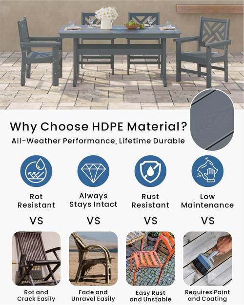 5-Piece Outdoor Dining Set, HDPE All-Weather Patio Table and Chairs Set for 4, Outdoor Patio Furniture Sets with Umbrella Hole for Outside, Deck, Backyard, Garden (Grey)