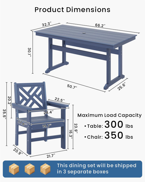 5-Piece Outdoor Dining Set, HDPE All-Weather Patio Table and Chairs Set for 4, Outdoor Patio Furniture Sets with Umbrella Hole for Outside, Deck, Backyard, Garden (Navy Blue)