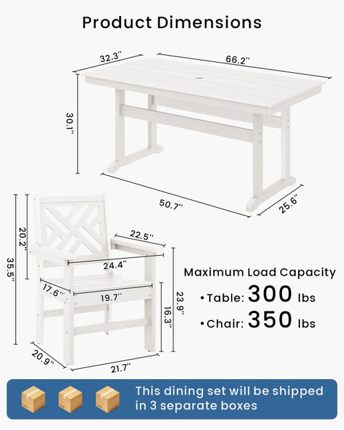 5-Piece Outdoor Dining Set, HDPE All-Weather Patio Table and Chairs Set for 4, Outdoor Patio Furniture Sets with Umbrella Hole for Outside, Deck, Backyard, Garden (White)