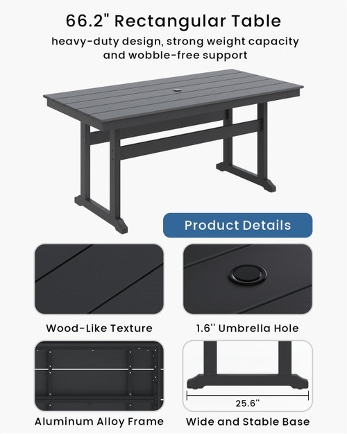 7-Piece Outdoor Dining Set, HDPE All-Weather Patio Table and Chairs Set for 6, Outdoor Patio Furniture Sets with Umbrella Hole for Outside, Deck, Backyard, Garden (Black)