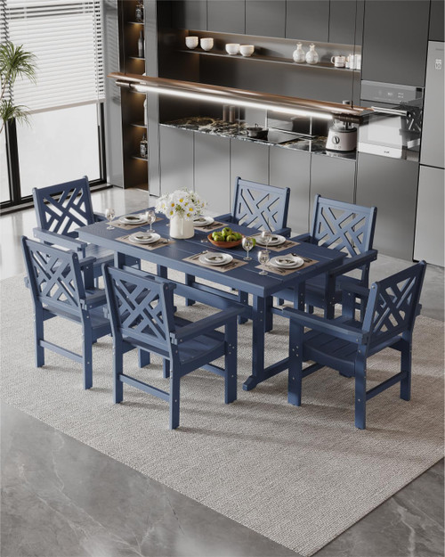 7-Piece Outdoor Dining Set, HDPE All-Weather Patio Table and Chairs Set for 6, Outdoor Patio Furniture Sets with Umbrella Hole for Outside, Deck, Backyard, Garden (Navy Blue)