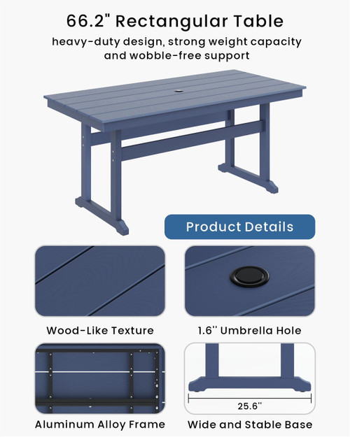 7-Piece Outdoor Dining Set, HDPE All-Weather Patio Table and Chairs Set for 6, Outdoor Patio Furniture Sets with Umbrella Hole for Outside, Deck, Backyard, Garden (Navy Blue)