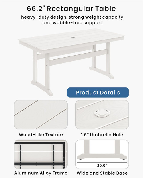 7-Piece Outdoor Dining Set, HDPE All-Weather Patio Table and Chairs Set for 6, Outdoor Patio Furniture Sets with Umbrella Hole for Outside, Deck, Backyard, Garden (White)