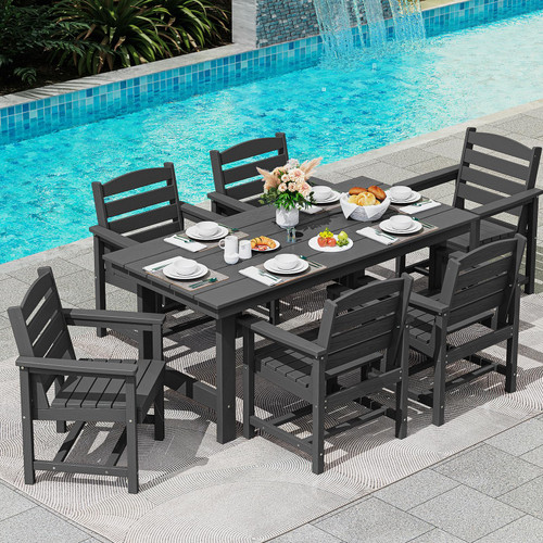 6-Person Outdoor Dining Table - 67" Rectangle HDPE Patio Table with Center Umbrella Hole, Weatherproof, Black
