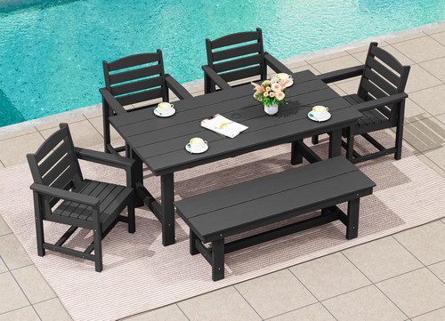 6-Person Outdoor Dining Table - 67" Rectangle HDPE Patio Table with Center Umbrella Hole, Weatherproof, Black