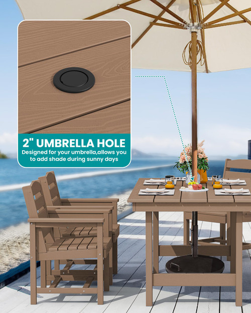 6-Person Outdoor Dining Table - 67" Rectangle HDPE Patio Table with Center Umbrella Hole, Weatherproof, Brown