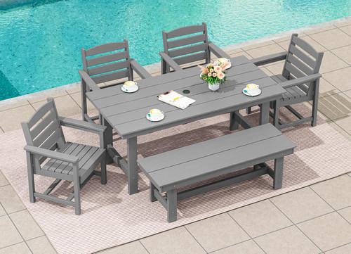 67" Outdoor Dining Table - HDPE All-Weather Rectangular Patio Table with Umbrella Hole, Gray