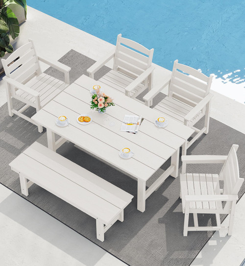 HDPE Outdoor Dining Table for 6, 67" Rectangle Patio Dining Table with Umbrella Hole, White