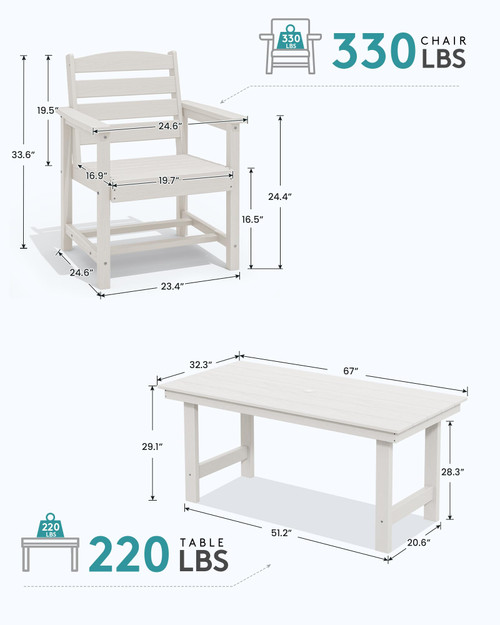 HDPE Outdoor Dining Table for 6, 67" Rectangle Patio Dining Table with Umbrella Hole, White