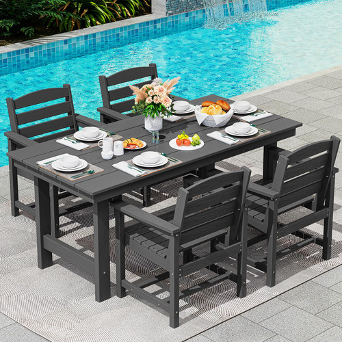 Patio Dining Table Sets 5-Piece, Outdoor HDPE Dining Furniture Set with Umbrella Hole Cut-Out Table and 4 Chairs, All Weather Dining Set for Lawn, Garden, Backyard, Poolside, Black