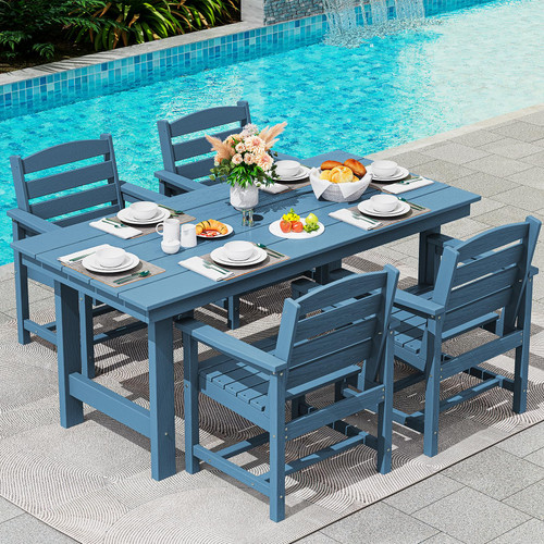 Table Set, Outdoor HDPE Dining Furniture with Umbrella Hole, All Weather for Lawn, Garden, Backyard, Poolside, Blue