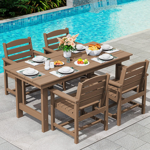 Dining Table Sets 5-Piece, Outdoor HDPE Dining Furniture Set with Umbrella Hole Cut-Out Table and 4 Chairs, All Weather Dining Set for Lawn, Garden, Backyard, Poolside, Brown