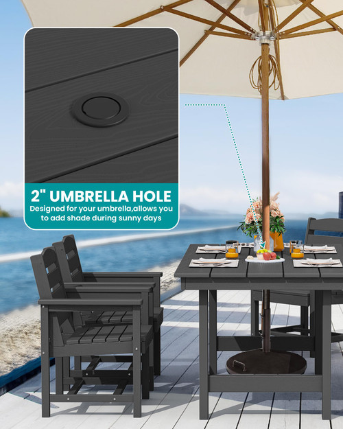 7-Piece Patio Dining Table Sets, Outdoor HDPE Dining Furniture Set with Umbrella Hole Cut-Out Table and 6 Chairs, Black