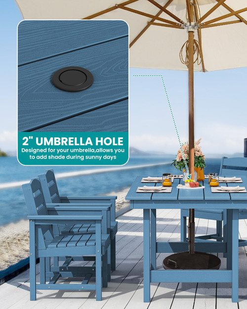 7-Piece Patio Dining Table Sets, Outdoor HDPE Dining Furniture Set with Umbrella Hole Cut-Out Table and 6 Chairs, Blue