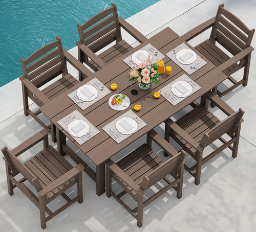 7-Piece Patio Dining Table Sets, Outdoor HDPE Dining Furniture Set with Umbrella Hole Cut-Out Table and 6 Chairs, All Weather Dining Set for Lawn, Garden, Backyard, Poolside, Coffee