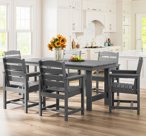 Outdoor HDPE Dining Table Set, 7-Piece Outdoor Dining Table Sets with Umbrella Hole Cut-Out Table and 6 Chairs, Gray