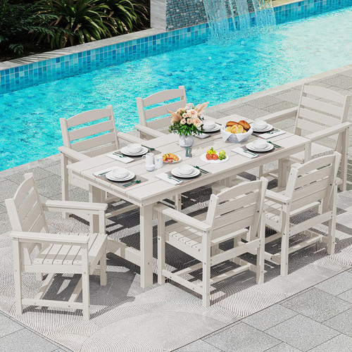 7-Piece Patio Dining Table Sets, Outdoor HDPE Dining Furniture Set with Umbrella Hole Cut-Out Table and 6 Chairs, White
