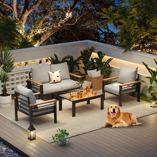 Aluminum Patio Furniture Set 4 Seats, Oversized Outdoor Sectional with Washable Thick Cushions, Coffee Table and Waterproof Cover, Patio Conversation Sets for Porch, Balcony, Deck.