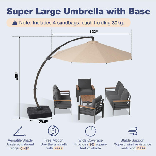 Aluminum Patio Furniture Set with Umbrella 7 Seats, Oversized Outdoor Sectional with Washable Thick Cushions, Coffee Table and Waterproof Cover, Patio Conversation Sets for Porch, Balcony, Deck
