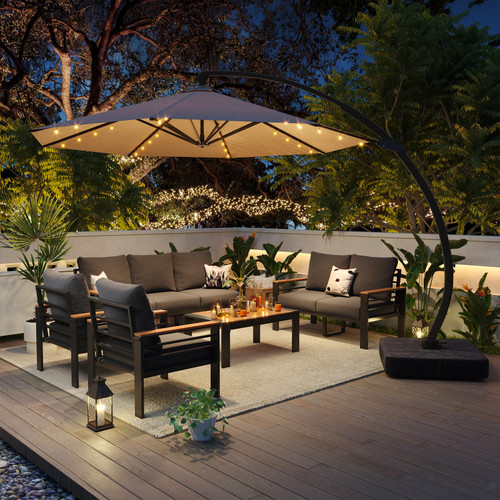 Aluminum Patio Furniture Set with Umbrella 7 Seats, Oversized Outdoor Sectional with Washable Thick Cushions, Coffee Table and Waterproof Cover, Patio Conversation Sets for Porch, Balcony, Deck