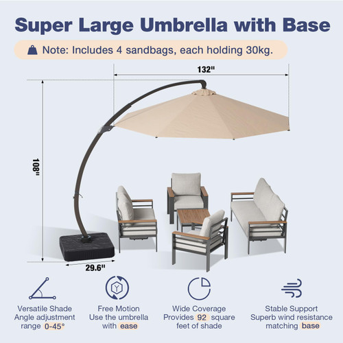 Aluminum Patio Furniture Set with Umbrella 7 Seats, Oversized Outdoor Sectional with Washable Thick Cushions, Coffee Table and Waterproof Cover, Patio Conversation Sets for Porch, Balcony, Deck.