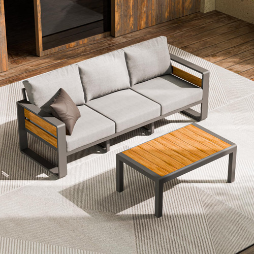 Aluminum Outdoor Patio Furniture - 1 Pcs 3-Seat and Coffee Table, All-Weather Metal Modern Outside Furniture with Washable Thick Cushion for Garden/Backyard/Porch, Grey