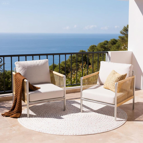 Aluminum Outdoor Patio Furniture 2 Pcs Armchair, All-Weather Metal Modern Outside Furniture with Washable Thick Cushion, HDPE Woven Rope Rattan Bistro Sofa Chair, Garden/Backyard/Porch, Silver