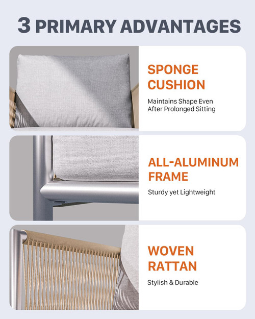 Aluminum Outdoor Patio Furniture 2 Pcs Armchair, All-Weather Metal Modern Outside Furniture with Washable Thick Cushion, HDPE Woven Rope Rattan Bistro Sofa Chair, Garden/Backyard/Porch, Silver