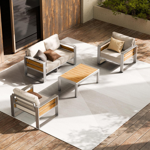 Outdoor Patio Conversation Sets, 4-Piece Aluminum Metal Outside Sectional Lawn Furniture with Coffee Table & Washable Thick Cushions,Seating Sofa for Garden/Backyard/Porch, Silver