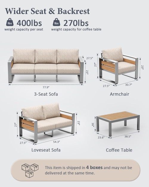 Aluminum Outdoor Patio Conversation Furniture Set, 5 PCS Metal Modern Outside Sectional Lawn Furniture with Coffee Table & Washable Thick Cushions,Seating Sofa for Garden/Backyard/Porch Silver