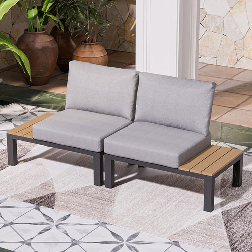 Aluminum Outdoor Patio Furniture Set, Movable Backrest Modular Sectional Sofa Set, Metal Conversation Set with 4-inch Thick Cushion for Garden Backyard Porch, 2 Side Table Sofas, Grey