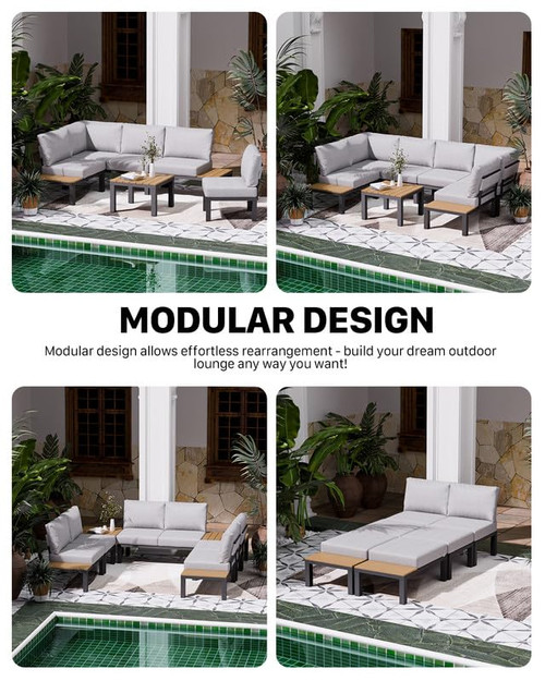 Aluminum Outdoor Patio Furniture Set, 4 Pieces Movable Backrest Modular Sectional Sofa Set, Metal Conversation Set with 4-inch Thick Cushion for Garden Backyard Porch, Grey