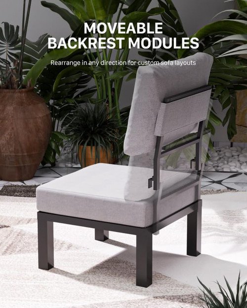5 Pieces Aluminum Outdoor Patio Furniture Set, Movable Backrest Modular Sectional Sofa Set, Metal Conversation Set with 4-inch Thick Cushion for Garden Backyard Porch, Grey