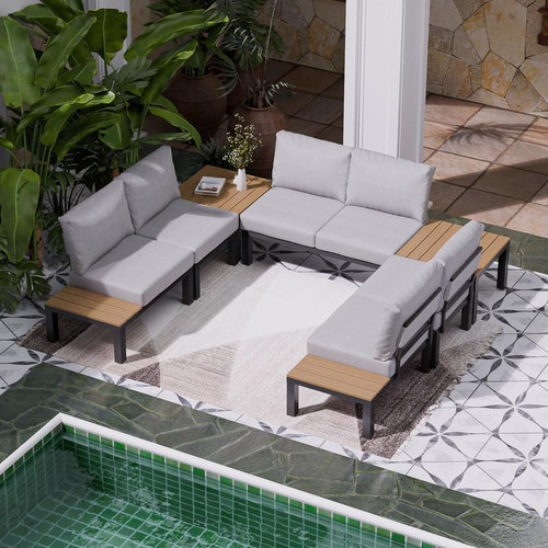 Aluminum Outdoor Patio Furniture Set, 7 Pieces Movable Backrest Modular Sectional Sofa Set, Metal Conversation Set with 4-inch Thick Cushion for Garden Backyard Porch, Grey