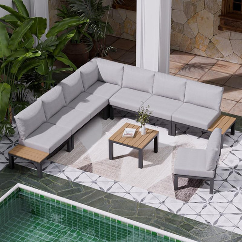7 Pieces Aluminum Outdoor Patio Furniture Set, Movable Backrest Modular Sectional Sofa Set, Metal Conversation Set with 4-inch Thick Cushion for Garden Backyard Porch, Grey