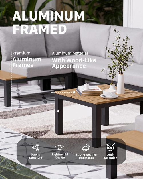 7 Pieces Aluminum Outdoor Patio Furniture Set, Movable Backrest Modular Sectional Sofa Set, Metal Conversation Set with 4-inch Thick Cushion for Garden Backyard Porch, Grey