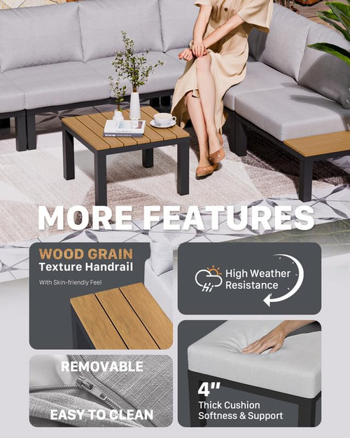 Aluminum Outdoor Patio Furniture Set, 8 Pieces Movable Backrest Modular Sectional Sofa Set, Metal Conversation Set with 4-inch Thick Cushion for Garden Backyard Porch, Grey