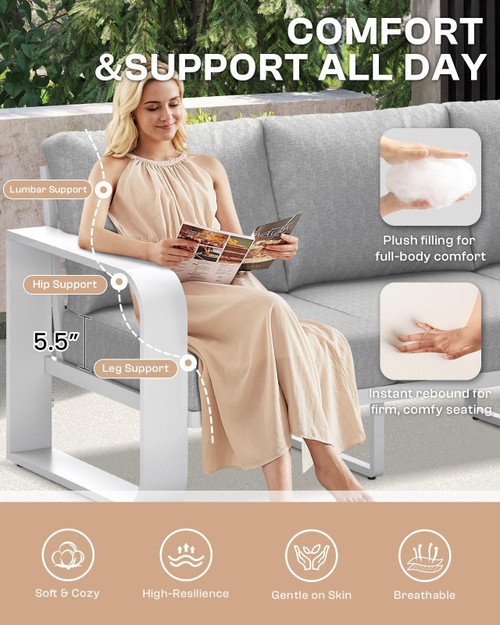 Aluminum Outdoor Sofa Bistro Set, Oversized Patio Conversation Sets Widened Armrest & Ultra-Thick Cushions, Deep Seating Patio Furniture Set for Backyard, Porch, White