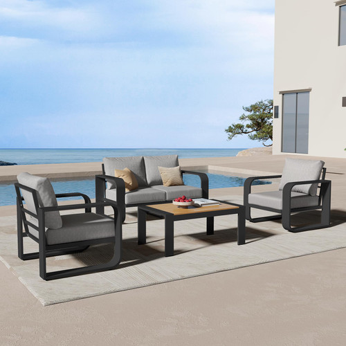 Aluminum Outdoor Patio Furniture Set 4 Piece, Oversized Patio Conversation Sets Widened Armrest & Ultra-Thick Cushions, Deep Seating Modern Sectional Furniture for Backyard, Deck, Gray