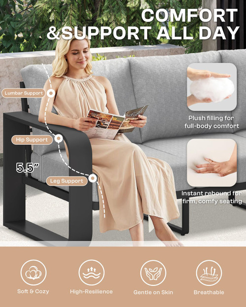 Aluminum Outdoor Patio Furniture Set 4 Piece, Oversized Patio Conversation Sets Widened Armrest & Ultra-Thick Cushions, Deep Seating Modern Sectional Furniture for Backyard, Porch, Gray